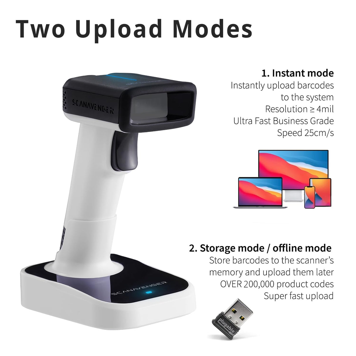 ScanAvenger Wireless Portable 1D&2D with Stand Bluetooth Barcode Scanner: Hand Scanner 3-in-1, Cordless, Rechargeable Scan Gun for Inventory - USB Bar Code/QR Reader (1D&2D Upgraded Next Gen Stand) ScanAvenger