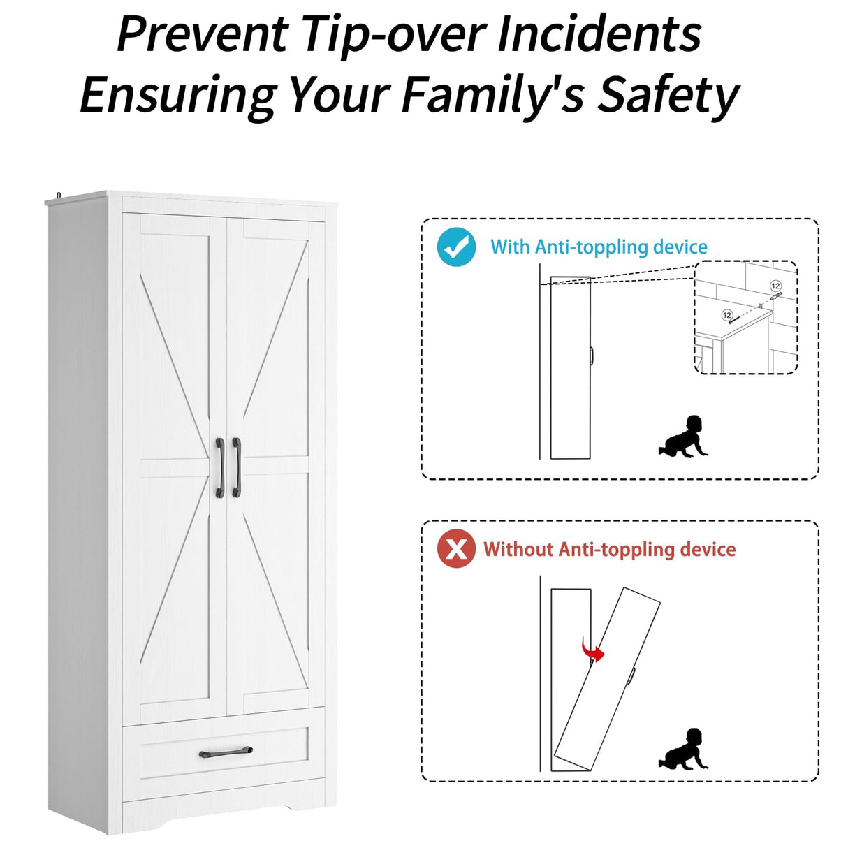 NOVAMAISON Farmhouse Kitchen Pantry Cabinet - 72” Tall Storage Cabinet w/Barn Doors & Adjustable Shelves & Drawer, White Cabinet Freestanding Wood Storage Cabinet for Kitchen, Dining Room, Bathroom NOVAMAISON