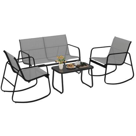 DWVO 4-Piece Patio Furniture Set, Textilene Conversation Set with 2 Rocking Chairs and Tempered Glass Coffee Table, Perfect for Indoor Patio Lawn Garden Poolside, Gray DWVO