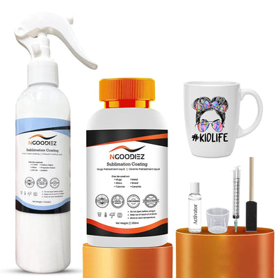 NGOODIEZ Sublimation Spray Bundle - 250 ml Sublimation Coating Spray for all Garments + High Gloss Finish Sublimation Coating for Mugs and Hard Surfaces 250 ml Super Adhesive Quick Dry Formula