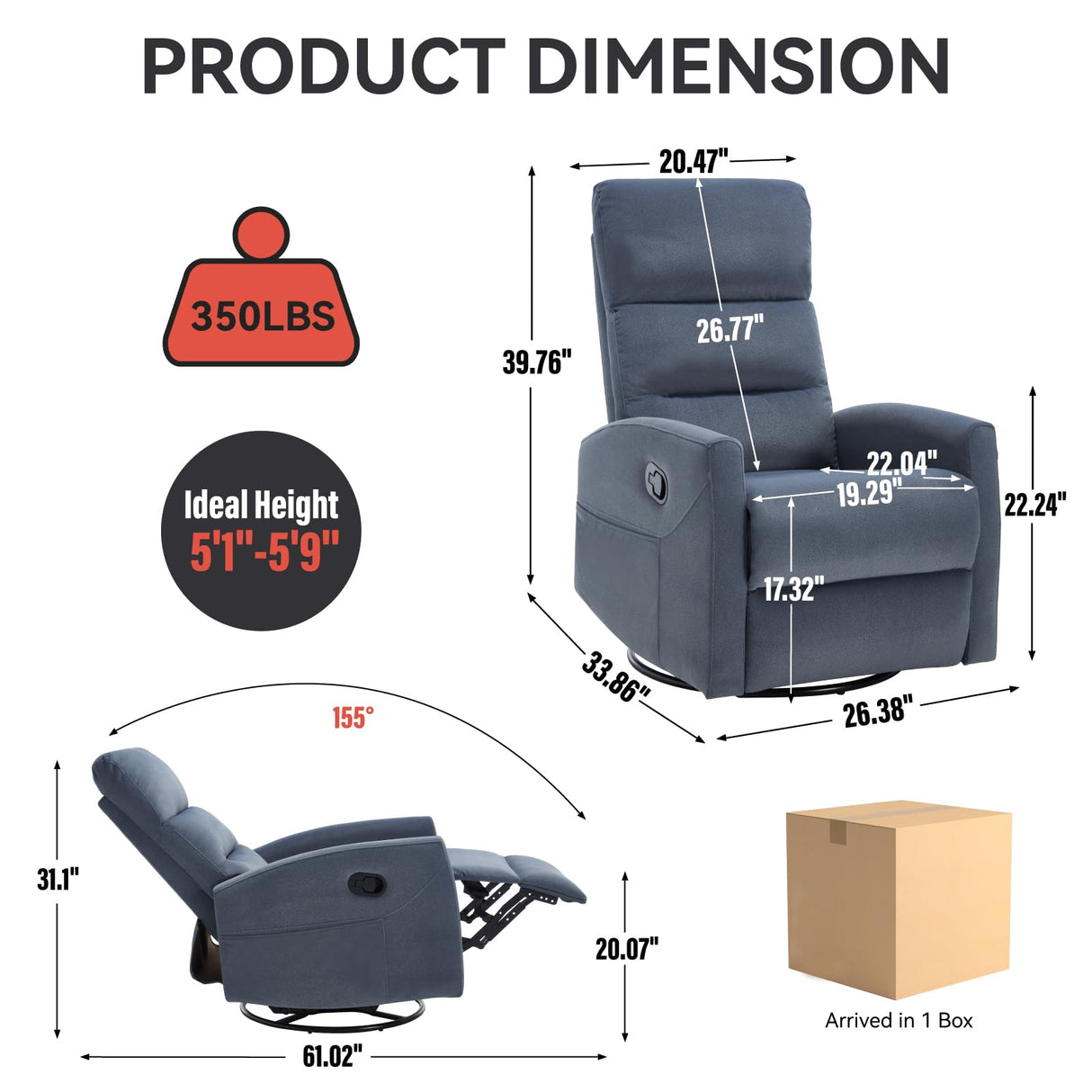 PELUMY Manual Recliner Chair with 360° Swivel & Rocking, Fabric Recliner for Living Room, Bedroom, Nursery, No Tools Assembly, 155° Recline, Compact for Small Spaces（Blue Grey） PELUMY