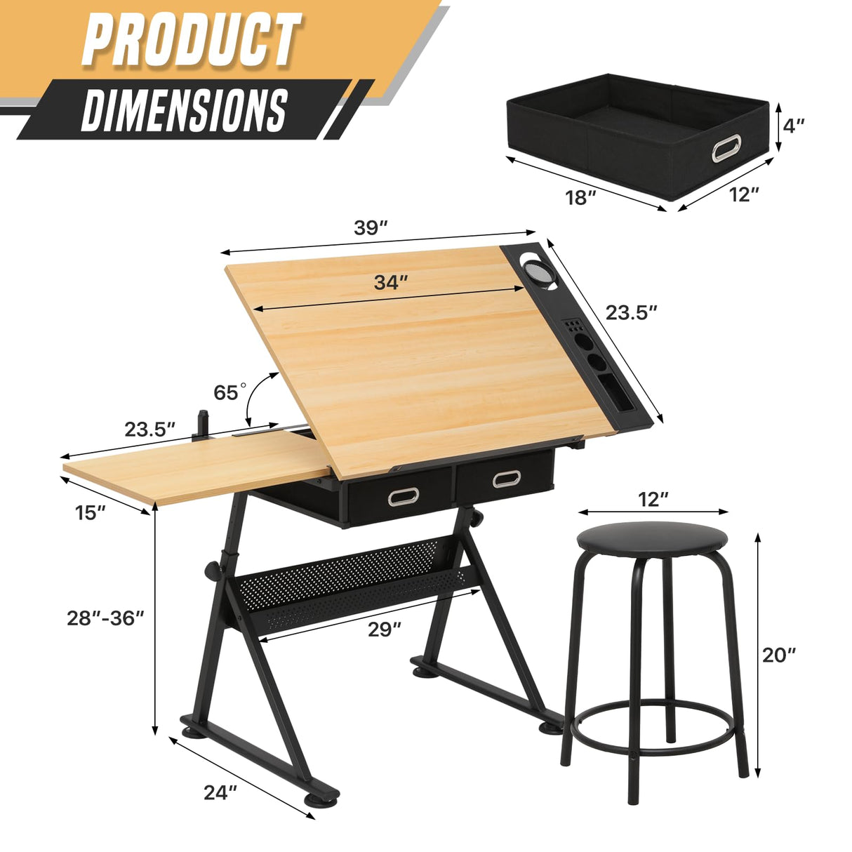 BRIGHTORIA Adjustable Drafting Table & Stool Set, Art Desk with Additional Slide-Out Table Design, Versatile Drawing Table with Storage, for Art, Drafting and Creative Tasks, Natural BRIGHTORIA