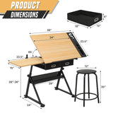 BRIGHTORIA Adjustable Drafting Table & Stool Set, Art Desk with Additional Slide-Out Table Design, Versatile Drawing Table with Storage, for Art, Drafting and Creative Tasks, Natural BRIGHTORIA