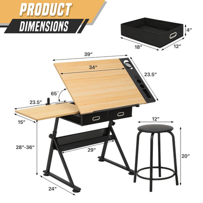 BRIGHTORIA Adjustable Drafting Table & Stool Set, Art Desk with Additional Slide-Out Table Design, Versatile Drawing Table with Storage, for Art, Drafting and Creative Tasks, Natural