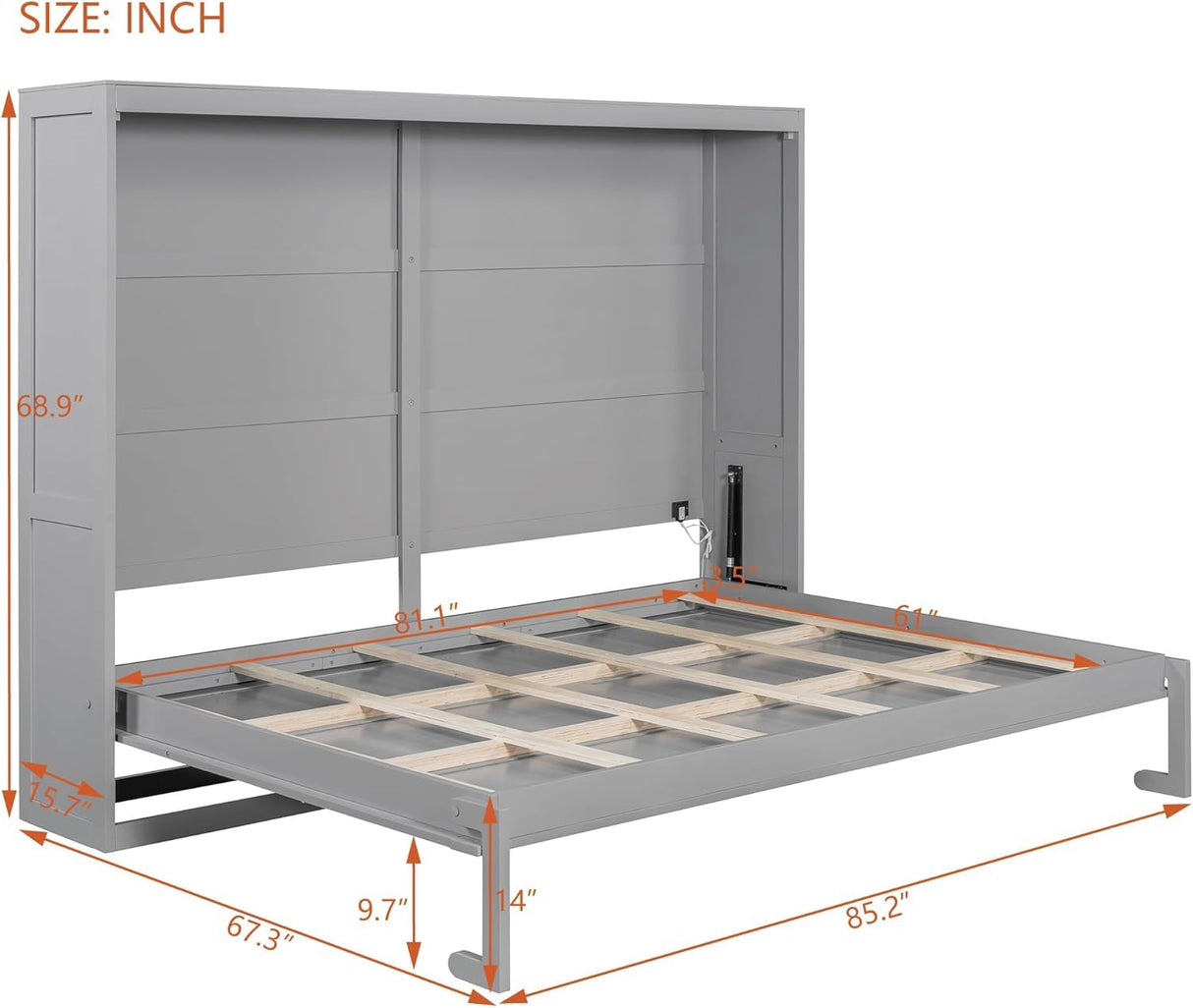 Virubi Queen Horizontal Fluted Murphy Bed with LED Lights,Wood Folding Hideaway Murphy Chest Bed for Adult Guest Room Living Room Bedroom (Grey) Virubi