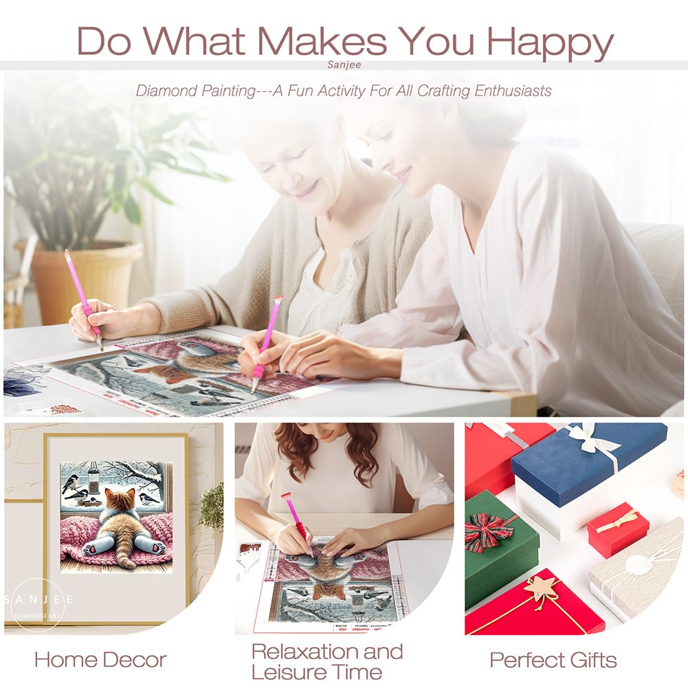 Sanjee Cat Diamond Art Kits for Adults, Diamond Painting Kits for Beginner, 5D DIY Round Full Drill Gem Art Crafts for Home Wall Decor Gift, 12x12inch Sanjee