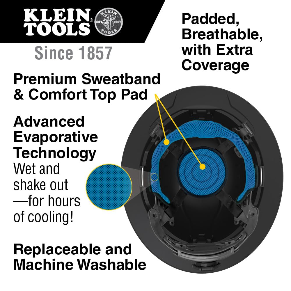 Klein Tools 60347 Hard Hat, Vented Full Brim, Class C, Premium KARBN Pattern, Rechargeable Lamp, Padded Sweat-Wicking Sweatband, Top Pad Klein Tools