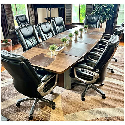 Thaweesuk Shop Walnut 12 FT Modern Boat Shaped Conference Table Wood Hide Wires Inside Elliptical Silver Metal Legs Desk Grommets Racetrack 2 Power Data Modules Black Boardroom Meeting Room O - WoodArtSupply