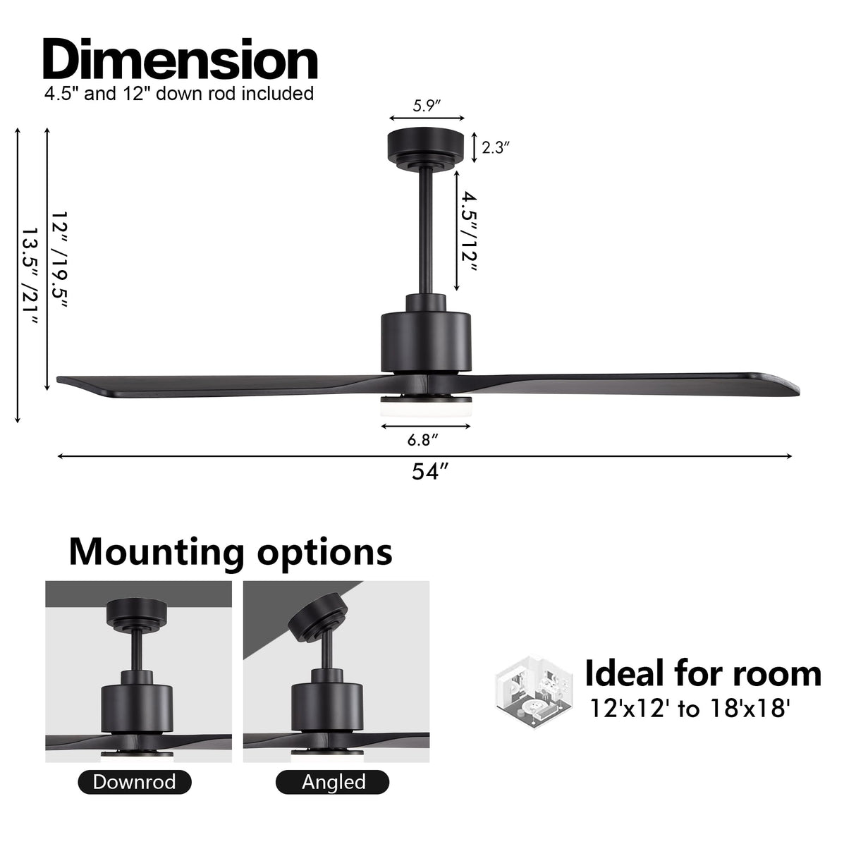WINGBO 54 Inch DC Ceiling Fan with Lights and Remote Control, 4 Carved Solid Wood Blades, 6-Speed Noiseless Reversible DC Motor, Modern Ceiling Fan in Matte Black Finish with Black Blades WINGBO