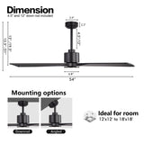 WINGBO 54 Inch DC Ceiling Fan with Lights and Remote Control, 4 Carved Solid Wood Blades, 6-Speed Noiseless Reversible DC Motor, Modern Ceiling Fan in Matte Black Finish with Black Blades WINGBO