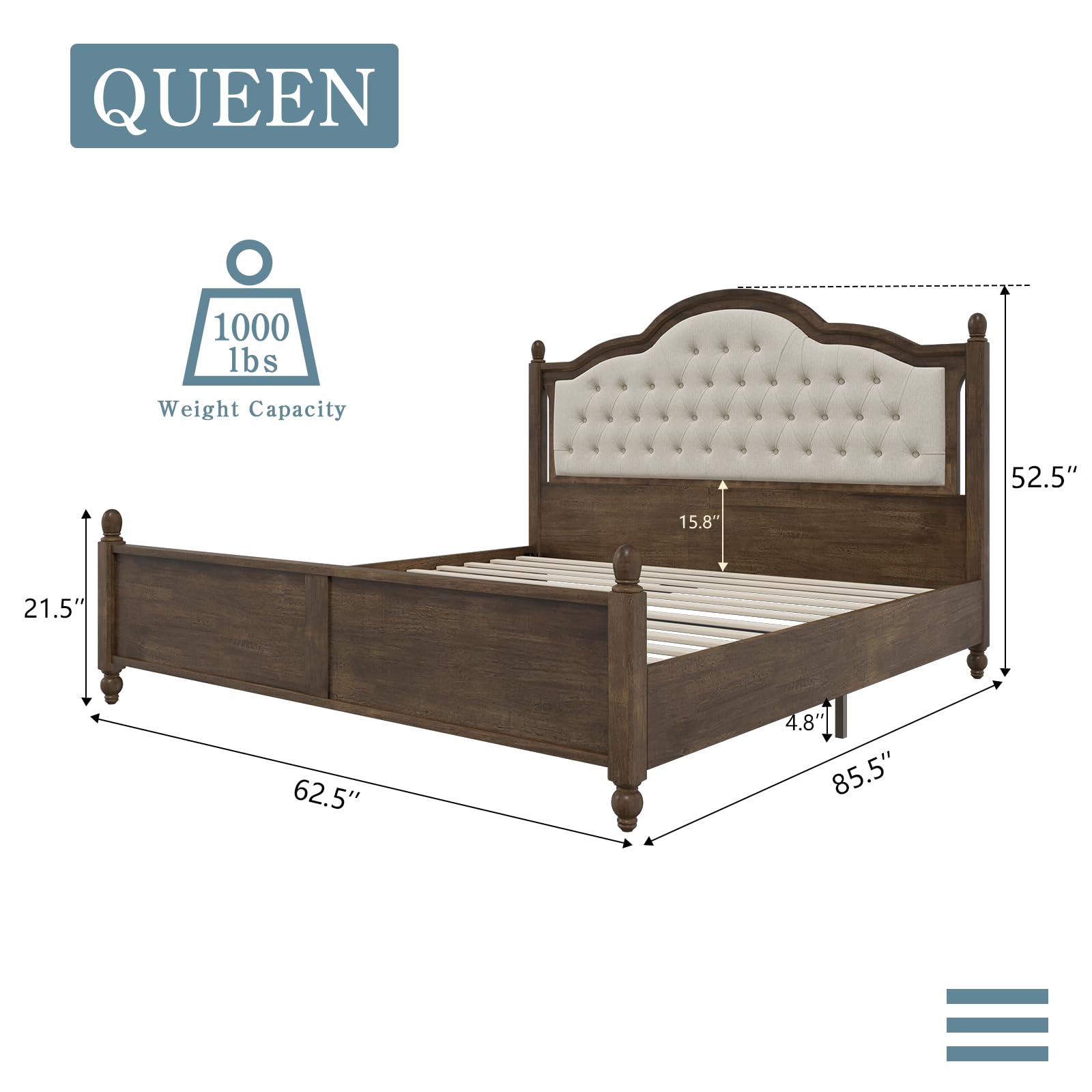 LUXOAK Queen Size Solid Wood Bed Frame with Upholstered Camelback Headboard - WoodArtSupply