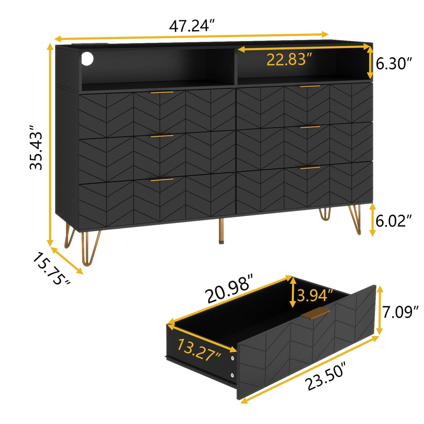 Loomie 6 Drawers Double Dresser with Power Outlet & LED Light,Black Long Dresser Chests of Drawers with Storage Cubby,Wood Wide TV Dresser Stand for up to 55" for Bedroom,Hallway,Entryway - WoodArtSupply