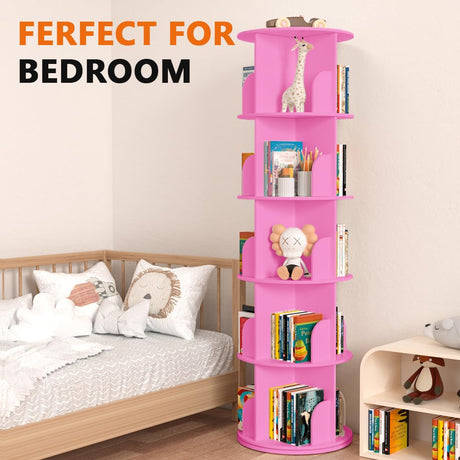Nidouillet Rotating Bookshelf Tower, 5 Tier Spinning Bookcase Lazy Susan, Revolving 360 Book Shelf Storage Round Organizer, Vertical Rotate Turning Corner Book Case for Small Space, Pink Nidouillet