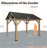 LUXOAK 10x12 ft Wood Gazebo, Hardtop Pergola with Steel Gable Roof, Outdoor Gazebo with Guest House for Garden, Porch, Patio, Black + Natural Wood LUXOAK