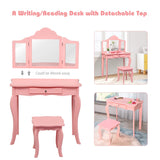 Costzon Kids Wooden Vanity Table & Stool Set, 2 in 1 Detachable Design with Dressing Table and Writing Desk, Princess Makeup Dressing Table with Two 180° Folding Mirror, for Girls, Kids (Pink) Costzon