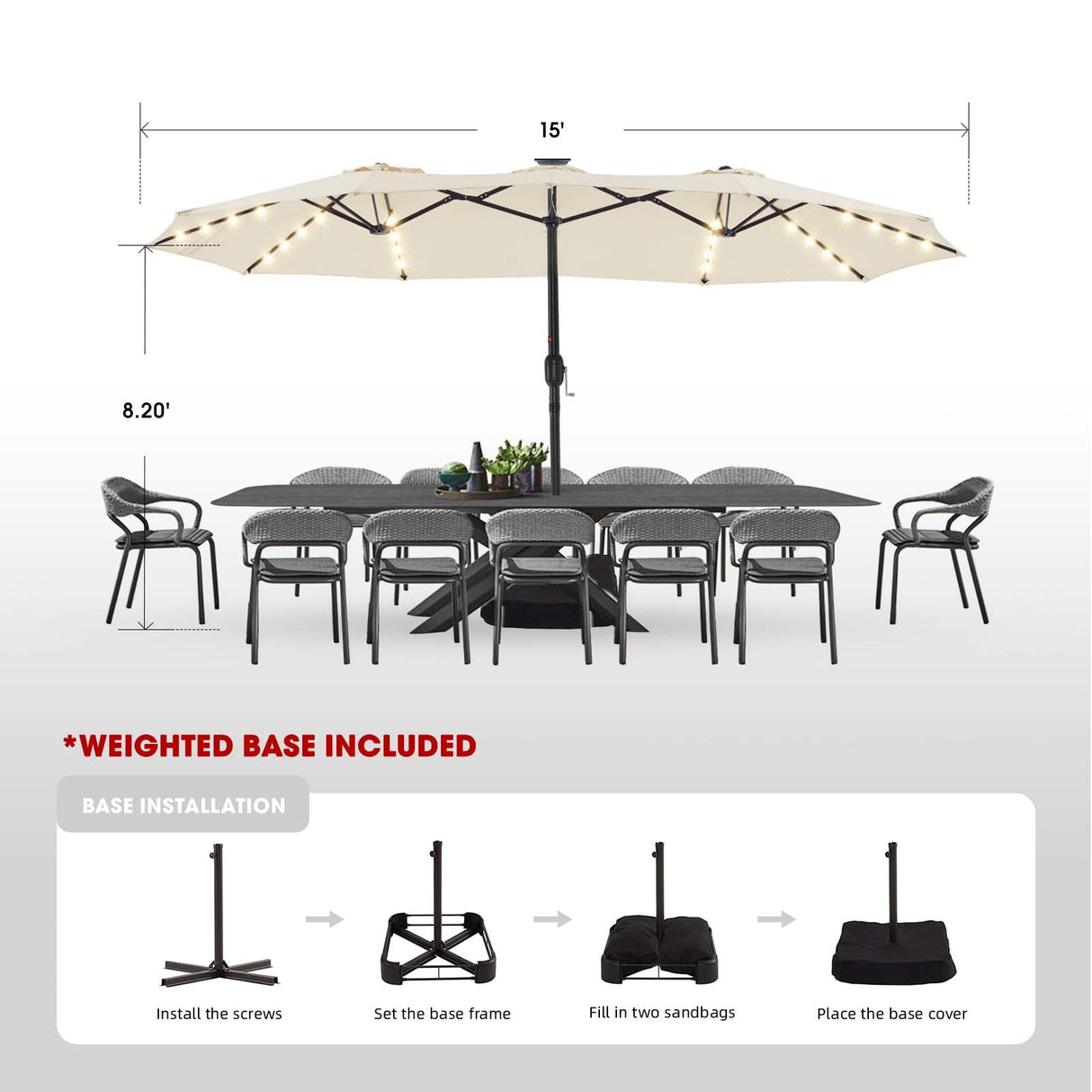 BLUU 15FT Solar LED Patio Umbrella with Base,Outdoor Double-Sided Umbrella with Crank Handle, Powerful UV Protective, for Pool Lawn Garden,Beige BLUU