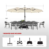 BLUU 15FT Solar LED Patio Umbrella with Base,Outdoor Double-Sided Umbrella with Crank Handle, Powerful UV Protective, for Pool Lawn Garden,Beige BLUU