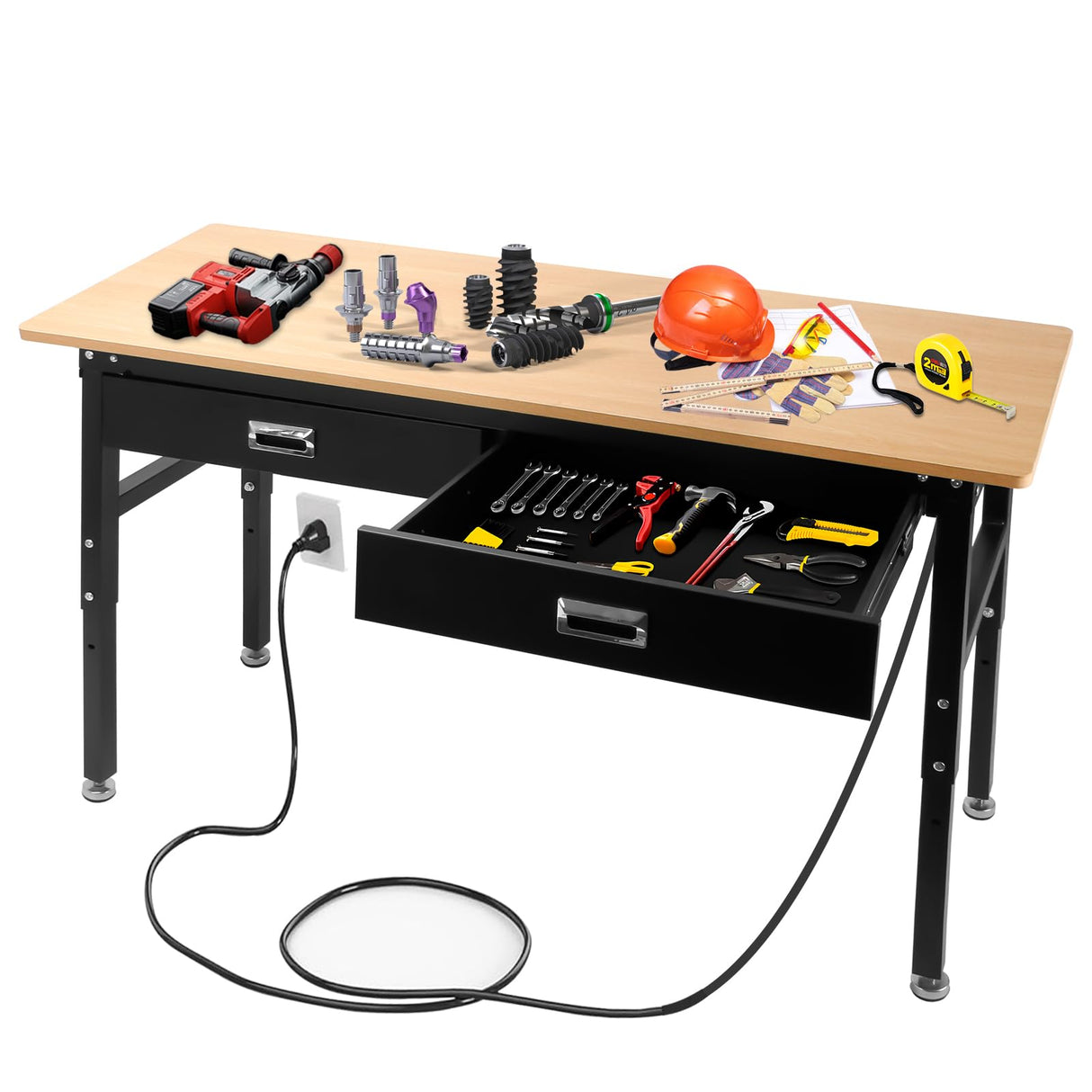 60'' Adjustable Workbench with Drawers,2000 Lbs Capacity Heavy Duty Work Benches for Garage,Wood Work Bench with Power Outlet,Work Tables for Shop Office Home Commercial FORJAMINT