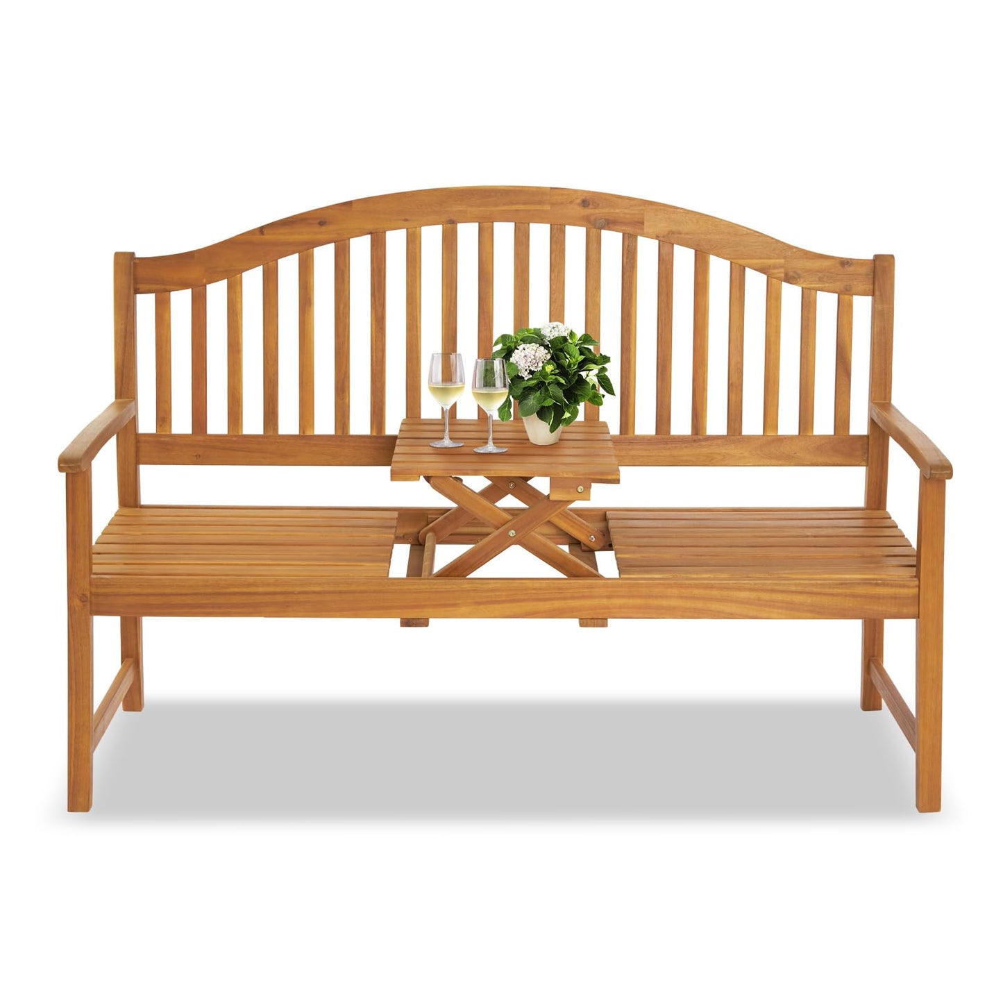 VINGLI 59” Outdoor Bench Garden Bench, Acacia Wood Porch Bench with Table, Wooden Patio Seating for Poolside Balcony Backyard