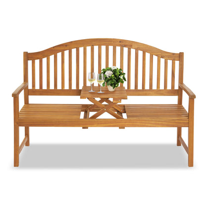 VINGLI 59” Outdoor Bench Garden Bench, Acacia Wood Porch Bench with Table, Wooden Patio Seating for Poolside Balcony Backyard