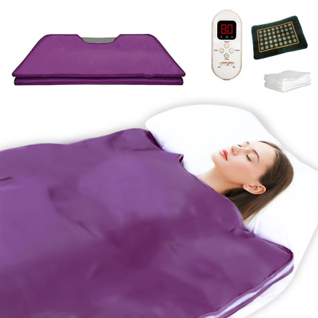 PINJAZE Natural Jade and Tourmaline Heat Far Infrared Sauna Blanket 2-Zone Control Rapid Heating Detox Blanket Pain Relief with Personal Sauna Blanket at Home Oxford Cloth Sauna Bed (Purple) PINJAZE