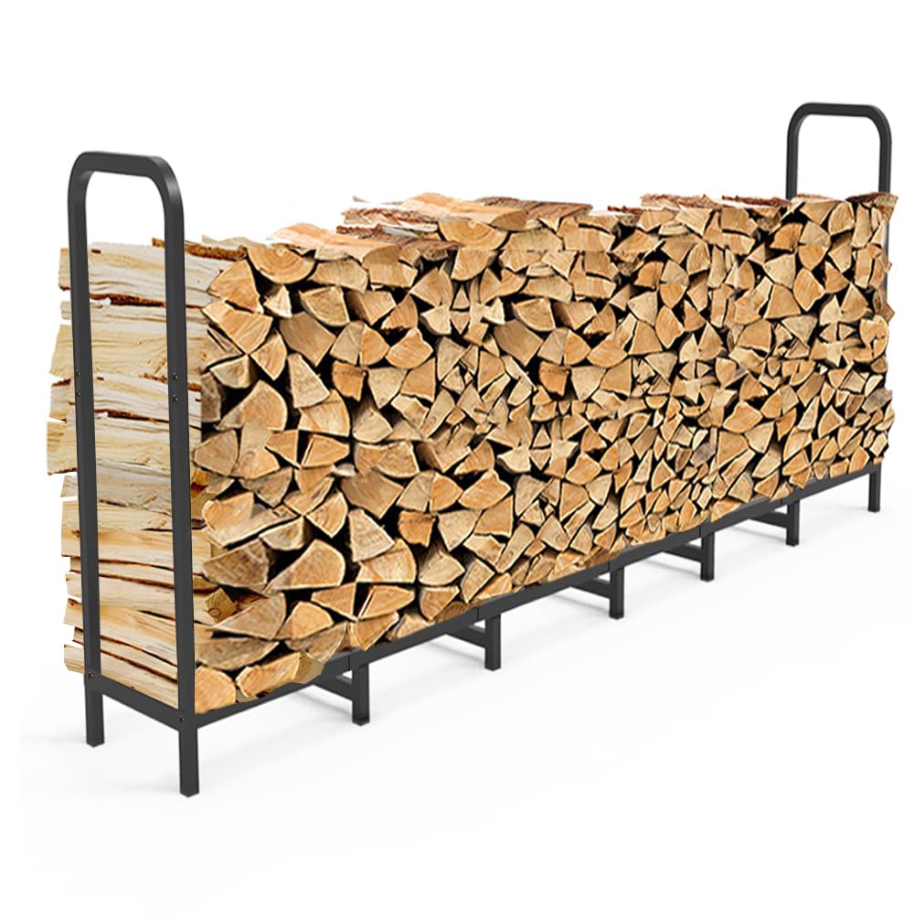Tikimilor 8ft Firewood Rack Holder, Adjustable Heavy Duty Fire Log Stacker Stand for Fireplace，Outdoor Indoor Metal Wood Pile Storage Organizer, Patio Logs Stand tool, Black Tikimilor