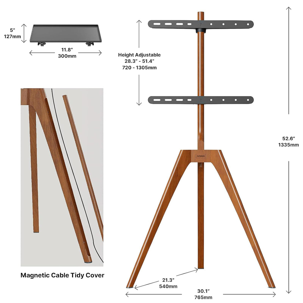 PUTORSEN Premium Wood Easel TV Stand, Adjustable TV Tripod Stand for 45-65 Inch LED LCD Screen, Swivel TV Floor Stand with Top TV Shelf and Magnetic Concealed Cable Management, Max Load 88lbs, Walnut PUTORSEN