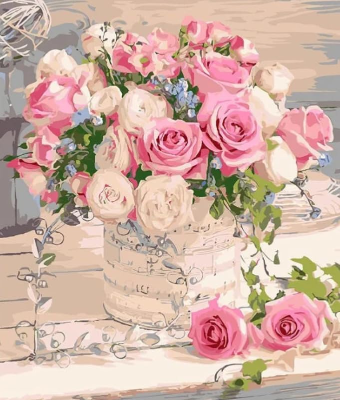 Syntego DIY Paint by Numbers for Adults, Pink Roses Bouquet Canvas Oil Acrylic Painting Kit Approx 50 x 40cm(16" x 20") Syntego