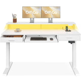 OffiGo Electric Standing Desk with Drawers & Keyboard Tray, 63 Inch Height Adjustable Desk with Power Outlets & LED Lights, Sit Stand Table with Monitor Stand for Home, Office, White OffiGo
