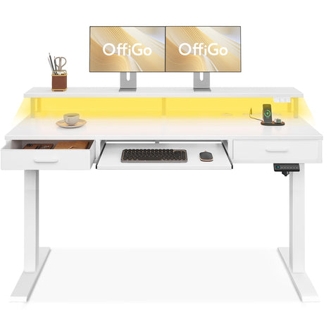 OffiGo Electric Standing Desk with Drawers & Keyboard Tray, 63 Inch Height Adjustable Desk with Power Outlets & LED Lights, Sit Stand Table with Monitor Stand for Home, Office, White OffiGo