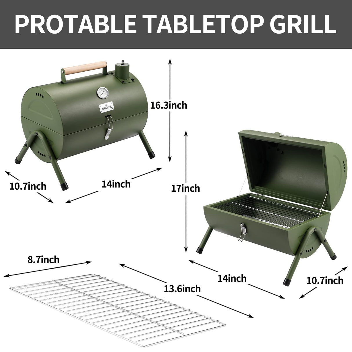 Portable Charcoal Grill, Tabletop Outdoor Barbecue Smoker, Small BBQ Grill for Outdoor Cooking Backyard Camping Picnics Beach by DNKMOR GREEN WoodArtSupply