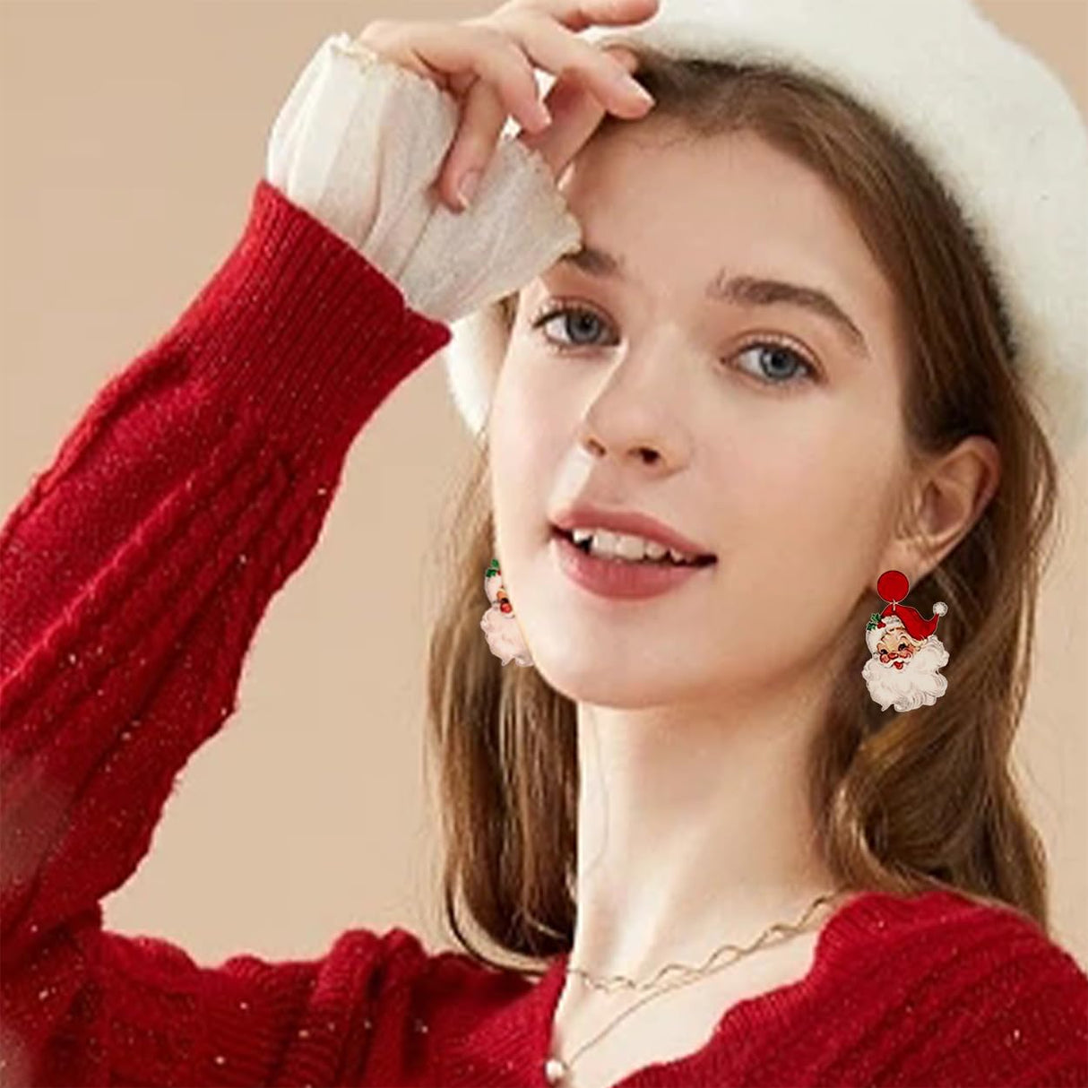 JeanBeau 4 Pairs Christmas Wooden Santa Dangle Drop Earrings Bulk for Women Cute Holiday Earrings Lightweight Wood Round Stud Xmas Book Decoration Accessories Jewelry Gift Jean Beau