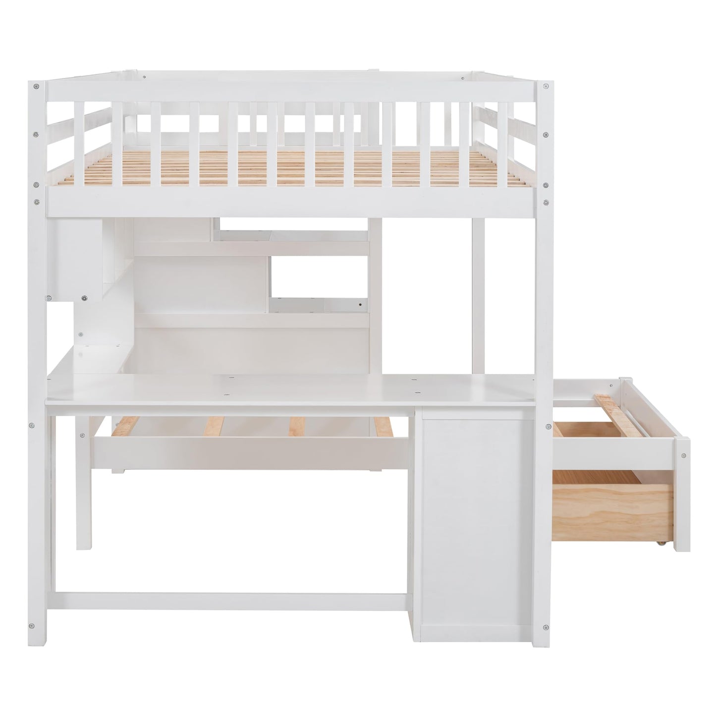 RuiSiSi Full Over Twin Bunk Beds with Stairs & Desk, Solid Wood Loft Bunk Bed with Storage Stairs Shelves and Drawers, Stairway Bunk Bed with Desk and Bookcase for Kids Teens Adults, White