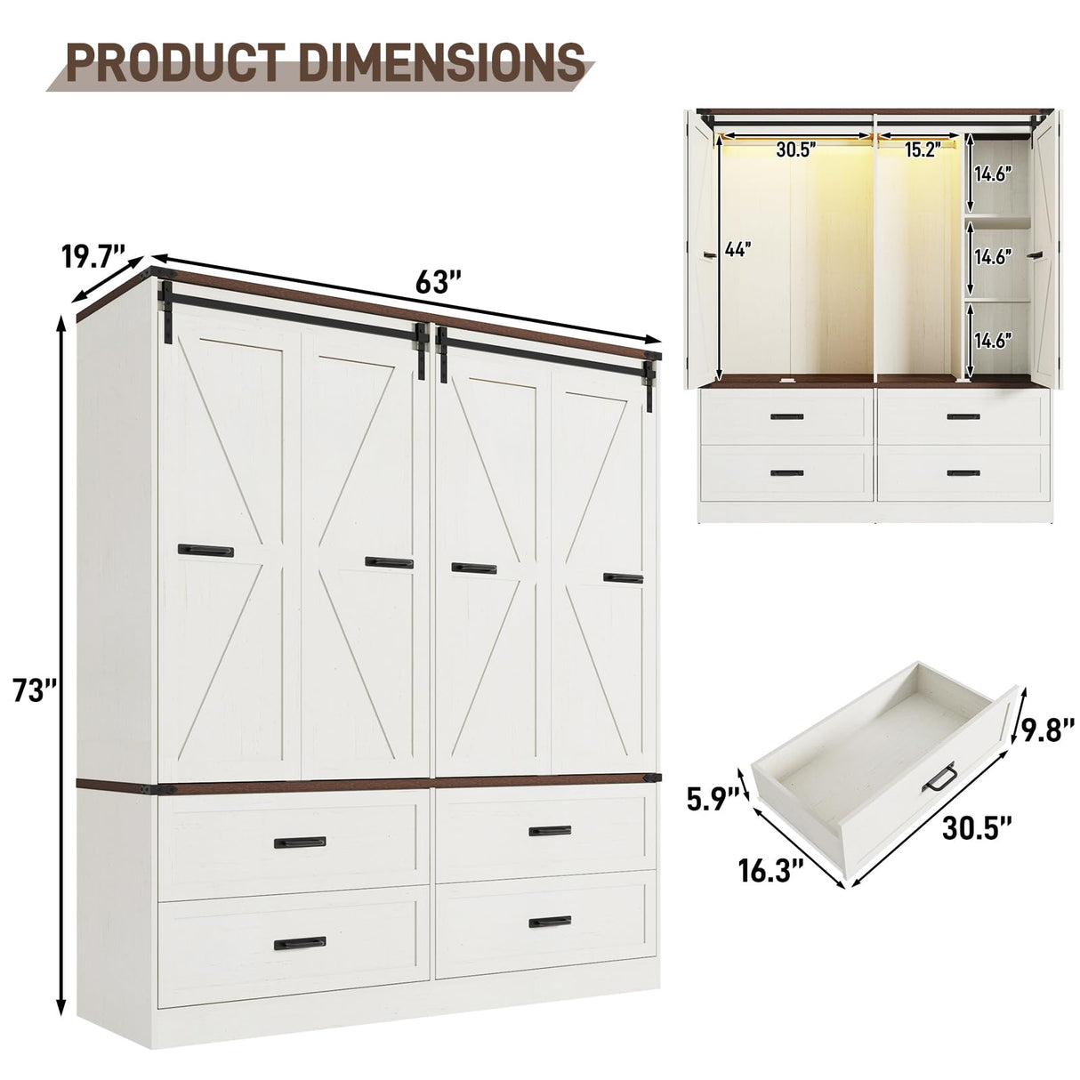 Farmhouse 4 Doors Armoire Wardrobe Closet w/Folding Sliding Barn Door and Lights, LED Armoire Closet w/Drawers for Bedroom, Freestanding Wooden Wardrobe Storage Closets w/Hanging Rod,Antique White jiteentarou