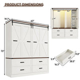 Farmhouse 4 Doors Armoire Wardrobe Closet w/Folding Sliding Barn Door and Lights, LED Armoire Closet w/Drawers for Bedroom, Freestanding Wooden Wardrobe Storage Closets w/Hanging Rod,Antique White jiteentarou