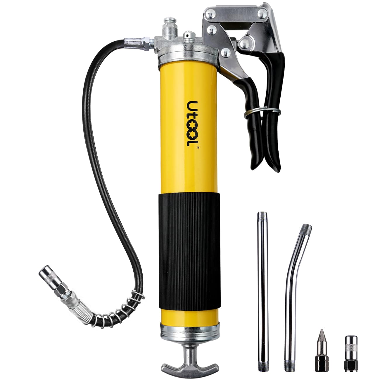 UTOOL Grease Gun, 8000 PSI Heavy Duty Pistol Grip Grease Gun Kit with 14 oz Capacity, 18 Inch Resin Flex Hose, 2 Basic Coupler, 2 Extension Rigid Pipe and 1 Sharp Type Nozzle - WoodArtSupply