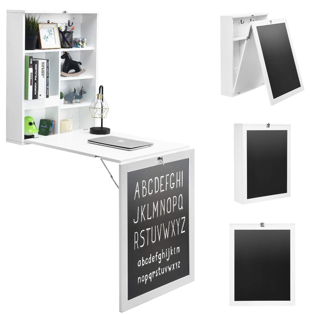 Tangkula Folding Floating Desk with Chalkboard, Wall Mounted Space Saving Fold Up Convertible Table with Storage Shelves & Hooks (White) - WoodArtSupply