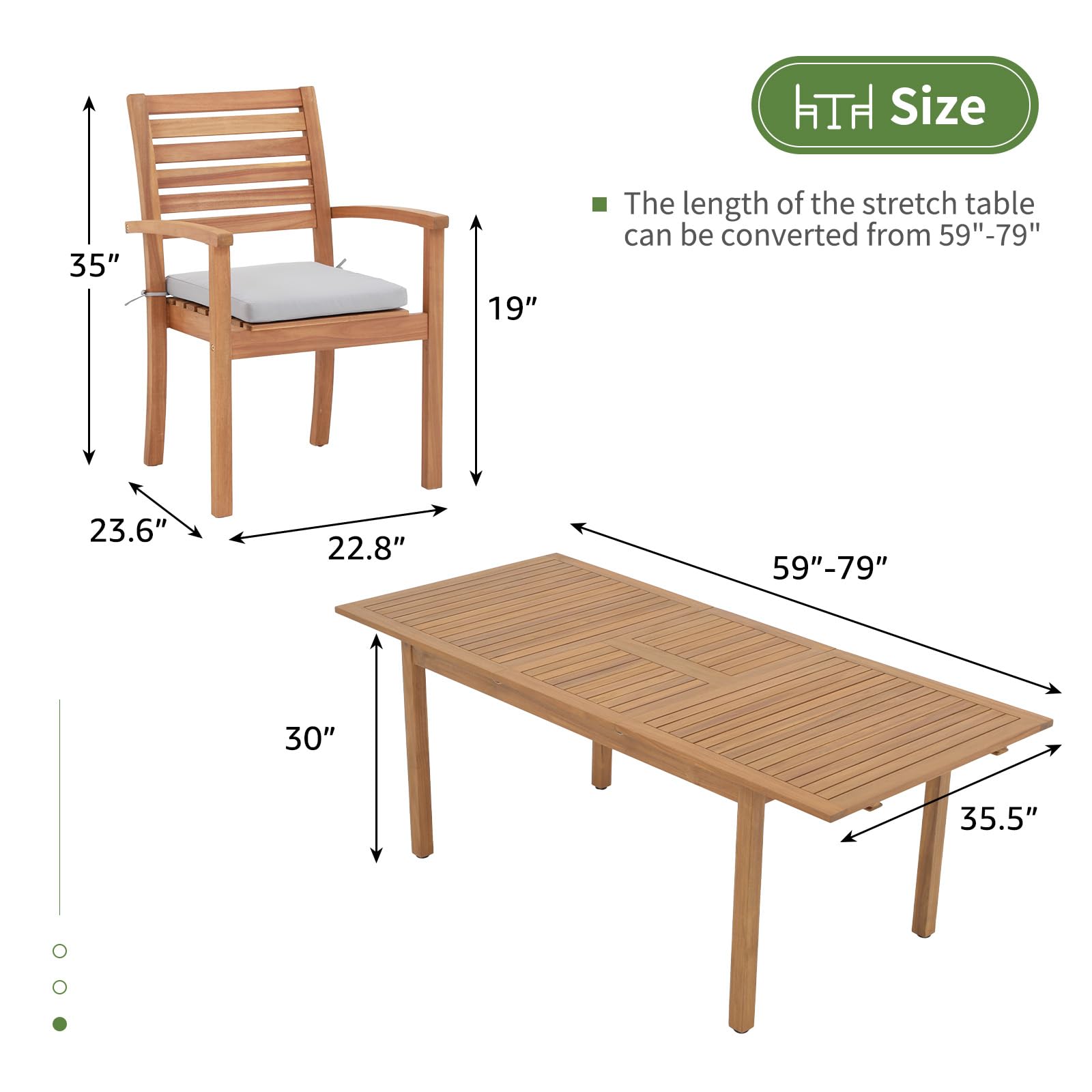 OC Orange-Casual 7 Piece Patio Dining Set, Outdoor Acacia Wood Furniture Set, Extendable Rectangular Table and 6 Stackable Chairs w/Removeable Fabric Cushion, FSC Certified, Light Grey Cushio - WoodArtSupply