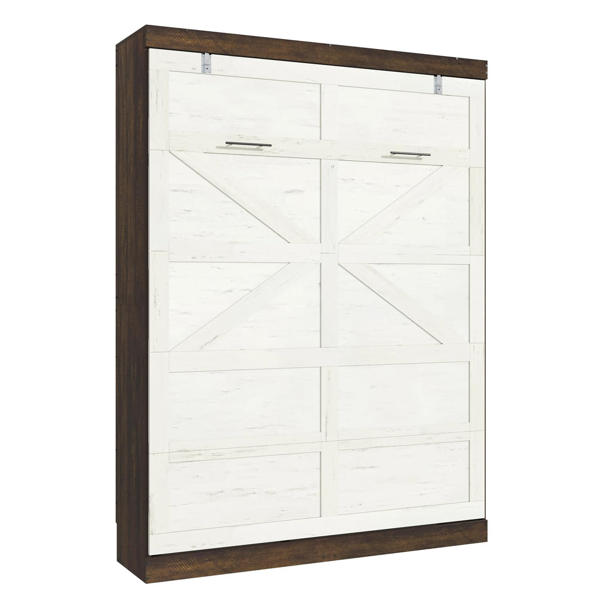 Hlivelood Queen Size Murphy Bed with 2 LED Lights, Farmhouse Wood Hidden Foldable Wall Bed Frame w/Gas Struts, Storage Bed Cabinet for Bedroom, Office, Space-Saving, No Box Spring Needed, Rustic White Hlivelood