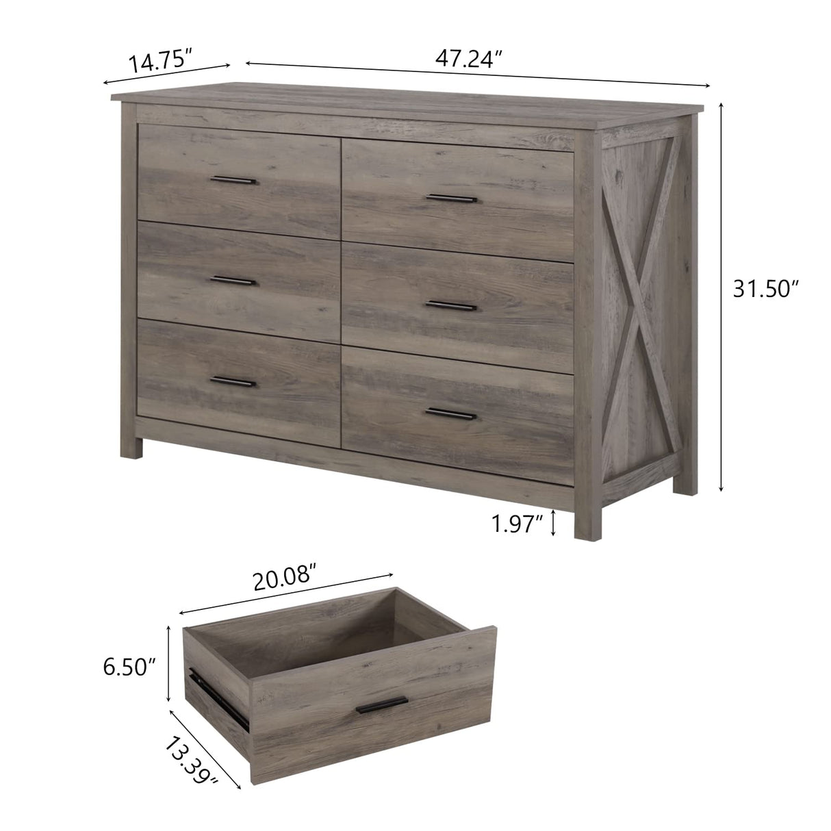 Vikiullf 6 Drawer Dresser - Farmhouse Dressers for Bedroom, Wooden Double Dresser, Storage Dressers Organizer for Bedroom, Living Room, Hallway, Entryway, Horizontal Dresser, Grey Vikiullf