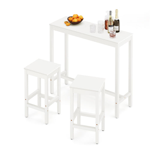 Cozyman 45 inch Bar Table and Chairs Set, Acacia Wood Pub Table with 2 Stools, Rectangular Counter Height Table Set for Dining Room, Kitchen, Living Room, White