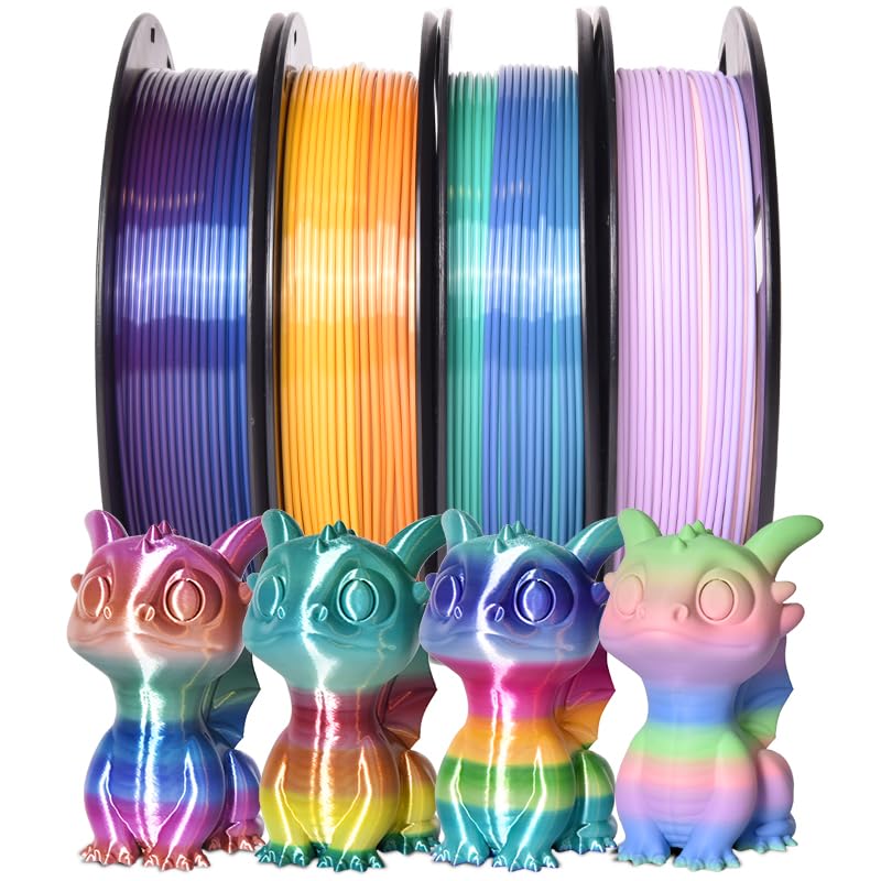 RAMBERY 3D Printer Filament Bundle Silk Shiny Rainbow PLA Filament, Multicolored Fast Color Change Rainbow Toughness Upgraded 3D Printing Filament, 1.75mm 200gX 4 Spools (1.76 lbs) - WoodArtSupply