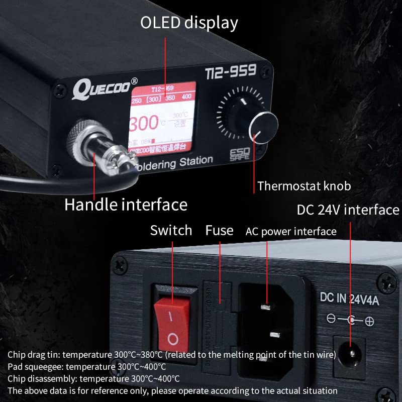 QUECOO T12-959 Soldering Iron Station Kit, LCD Screen with T12 Soldering Iron Tips, Heating up Fast, Automatic Standby-Automatically Wake up, for Electronic Repairing, With K tip (SET1) QUECOO