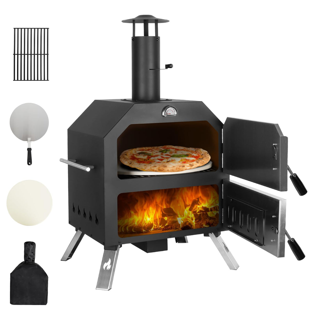 12’’ Outdoor Pizza Oven Wood Fired Pizza Oven Portable Patio Ovens Included Pizza Stone, Pizza Peel, Fold-up Legs, Cover Cooking Rack for Camping Backyard BBQ Polar Aurora