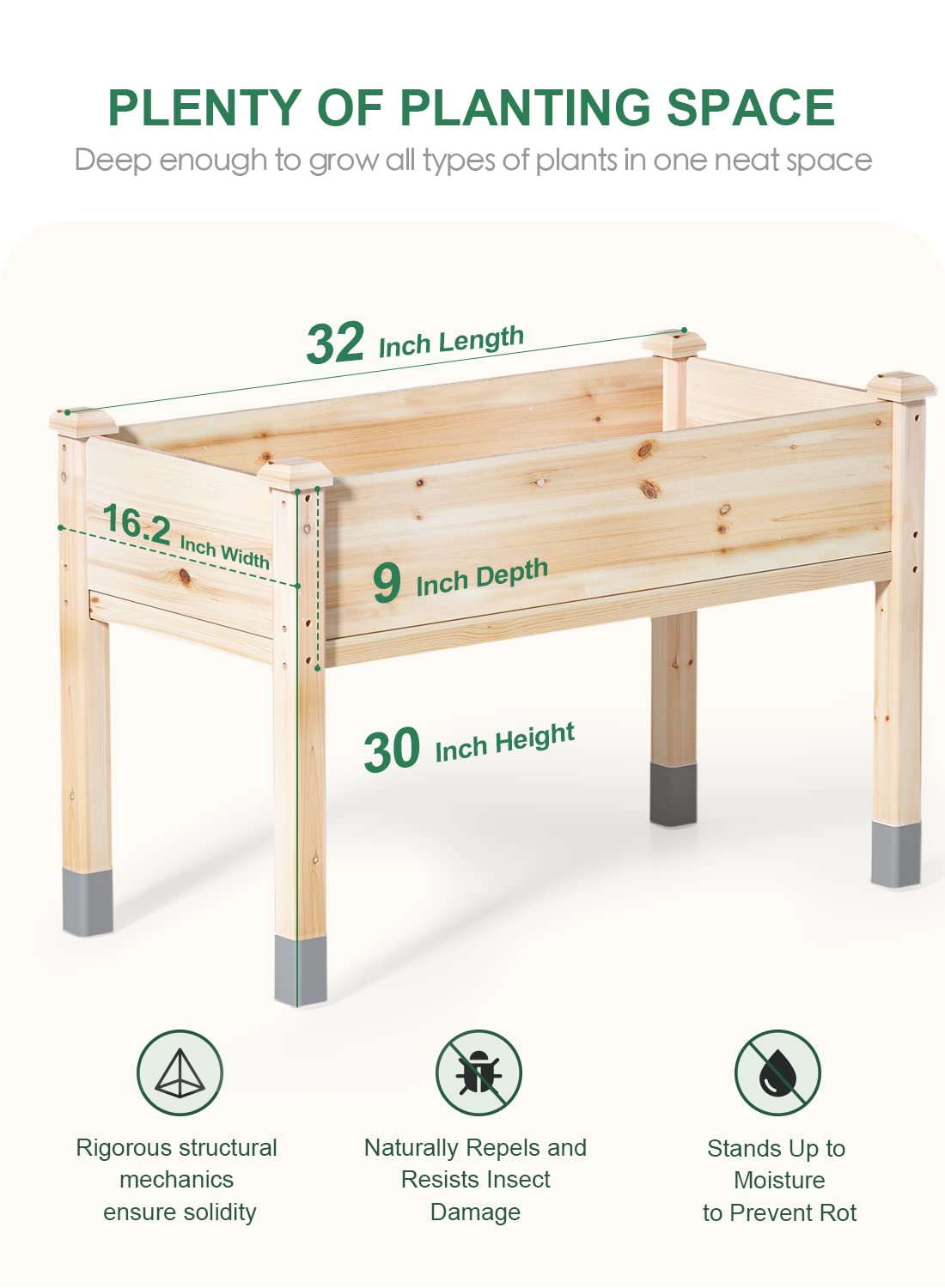 MIXC Wooden Raised Garden Bed with Legs, 32”L X 16”W, Elevated Reinforced Large Planter Box for Vegetable Flower Herb Outdoors - Beam and Column Structure - Unmatched Strength Outlast