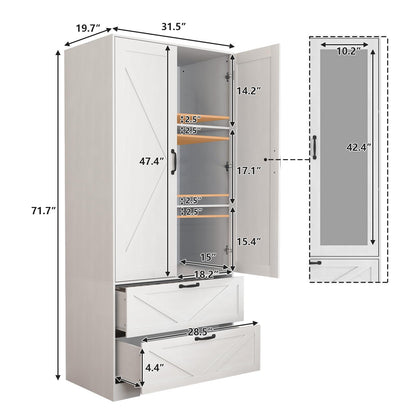 UZUGUL Armoire Wardrobe Closet with Mirror Door and Light,Farmhouse Bedroom Armoire Cabinet with Hanging Rod and 2 Drawer,Wooden Wardrobe Cabinet Closet with Adjustable Shelf for Bedroom - WoodArtSupply