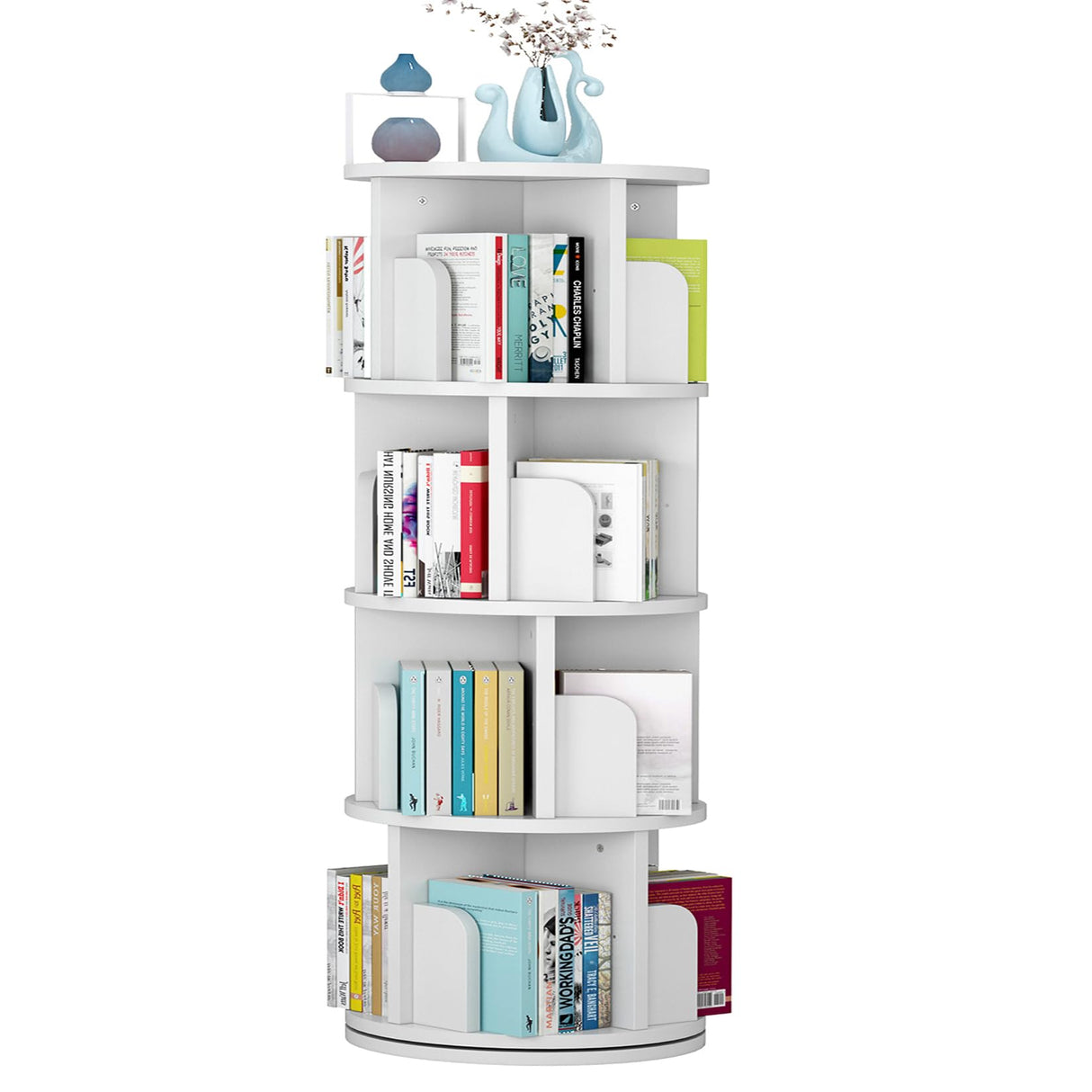 JoanKaren 51.2" Rotating White Wood Bookshelf - 4 Tier Corner Organizer for Kids and Adults JoanKaren