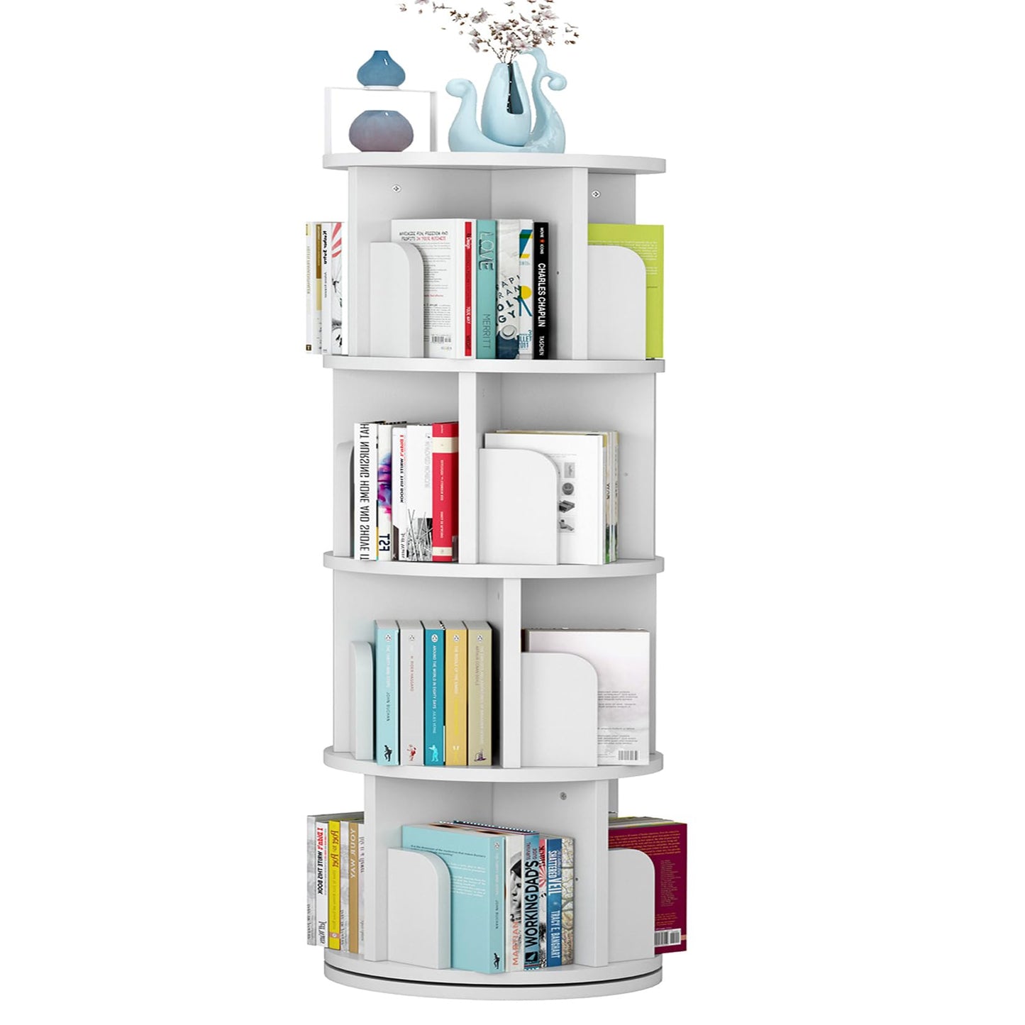 JoanKaren 51.2" Rotating White Wood Bookshelf - 4 Tier Corner Organizer for Kids and Adults - WoodArtSupply