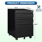AFAIF 3 Drawer Mobile File Cabinet with Lock, Rolling File Cabinet for Home Office, Under Desk Small File Cabinet, Metal Vertical Black Filing Cabinet for Legal/Letter/A4 File, Black AFAIF