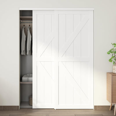 JUBEST 60"(Double 31") x80" Sliding Closet Door, K Style MDF Bypass Closet Door with Hardware Kit & Matching Fascia, Preassembled Solid Wood Slab with Water-Proof PVC Surface, Easy to Install, White